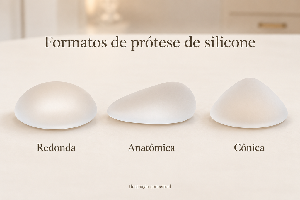Formatos de prótese de silicone: redonda, anatômica e cônica