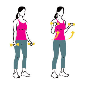 Mulher levantando pesos de até 2 quilos para fortalecer os braços.