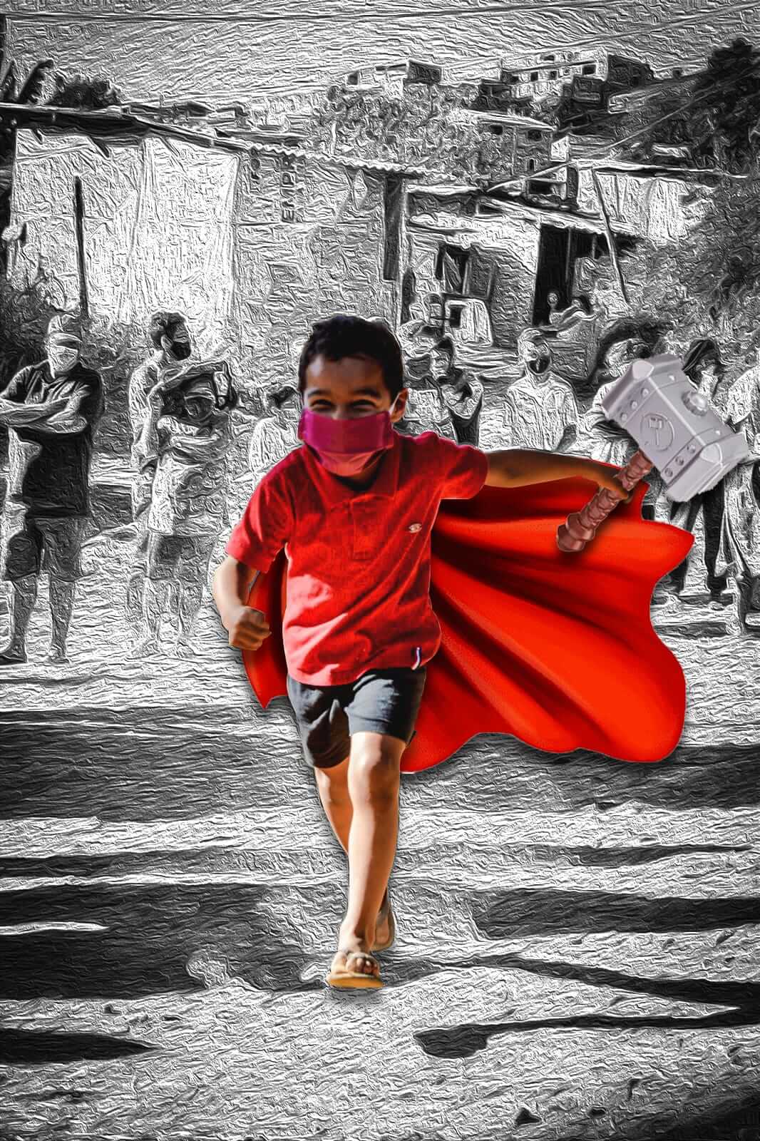 imagem de uma criança fantasiada de super-herói em meio a uma situação de miséria